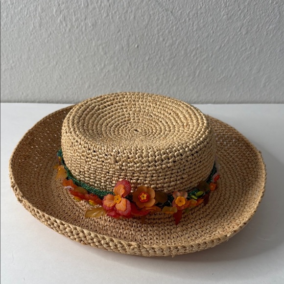 The Scala Collection Boho Straw Hat OOAK Hand Beaded Artisan Floral Band OS